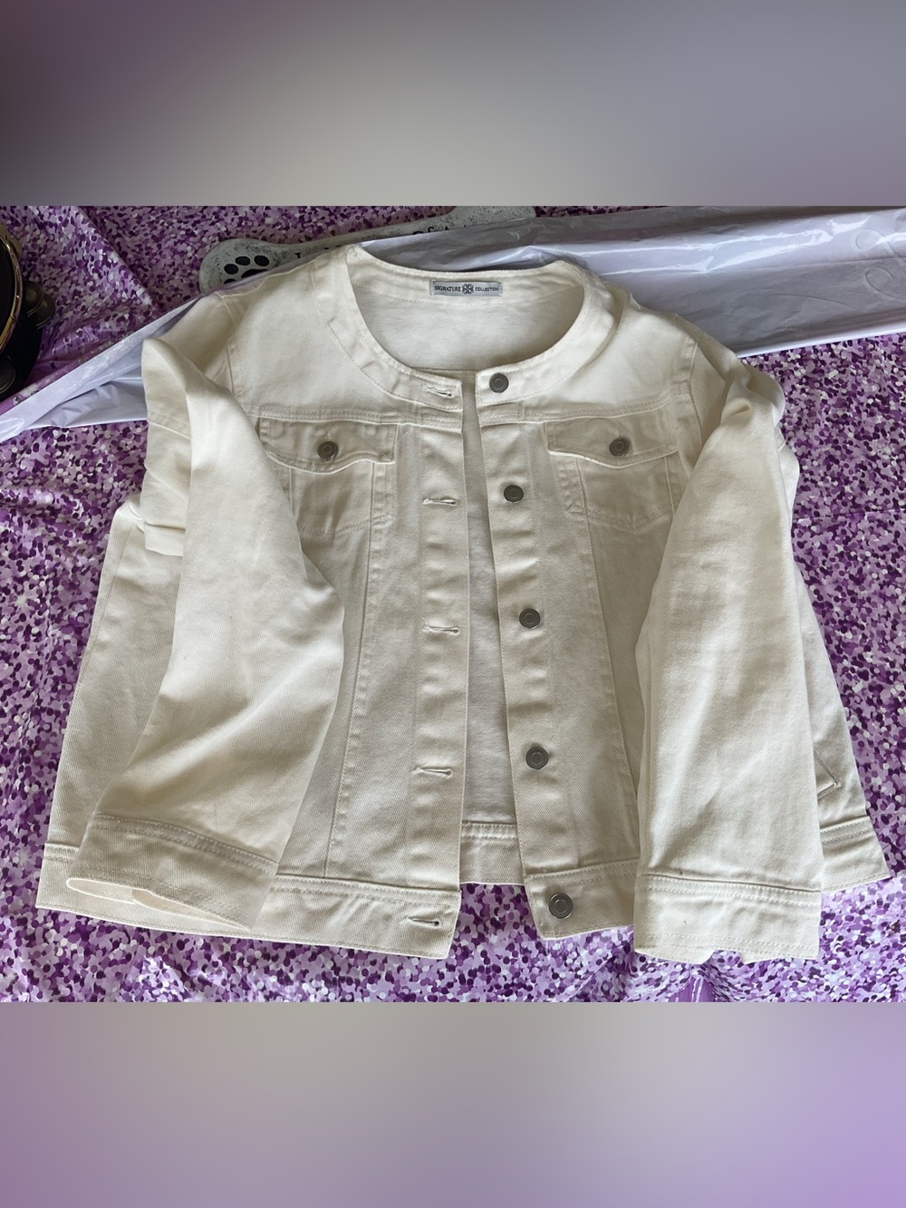 Collarless Whitish Denim Jacket - Classic Lightweight Jean Jacket